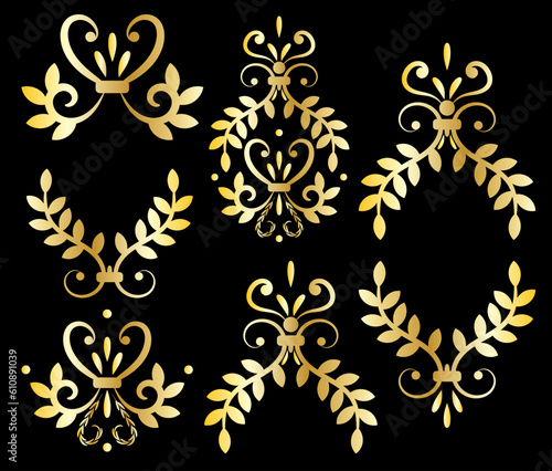 Vector vintage baroque damask golden gradient element set. Collection of retro curve floral decoration isolated on black background