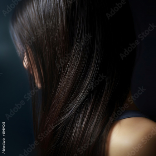 closeup of a beautiful young woman with long black hair on a dark background. Generative AI