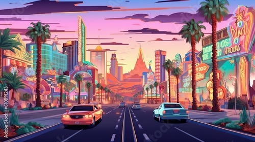 Abstract Background Las Vegas. The energy of Las Vegas after dark with an illustration showcasing its iconic landmarks, abstract background, and banner design. Generative AI.