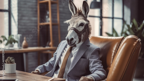 Vászonkép A donkey in a businessman costume in an office at the workplace, a boss in a company