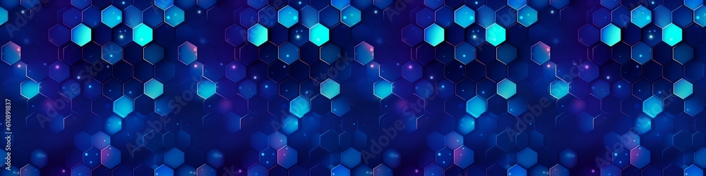 Abstract futuristic digital geometric technology hexagon background banner panorama illustration, seamless pattern - Dark blue glowing hexagonal 3d shape texture Generative AI