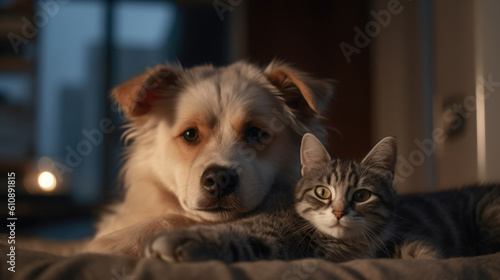 Fluffy dog and furry cat look at camera sitting on couch together. Cute domestic friendly animals relax in living room generative AI