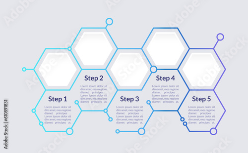 Blue hexagon infographic chart design template. Info for medicine. Abstract vector infochart with blank copy spaces. Instructional graphics with 5 step sequence. Visual data presentation