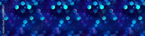 Abstract futuristic digital geometric technology hexagon background banner panorama illustration, seamless pattern - Dark blue glowing hexagonal 3d shape texture Generative AI
