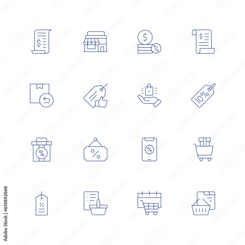 Shopping line icon set on transparent background with editable stroke. Containing receipt, shop, coins, invoice, return, best price, product, percent, gift box, sign, sales, purchase, shopping.