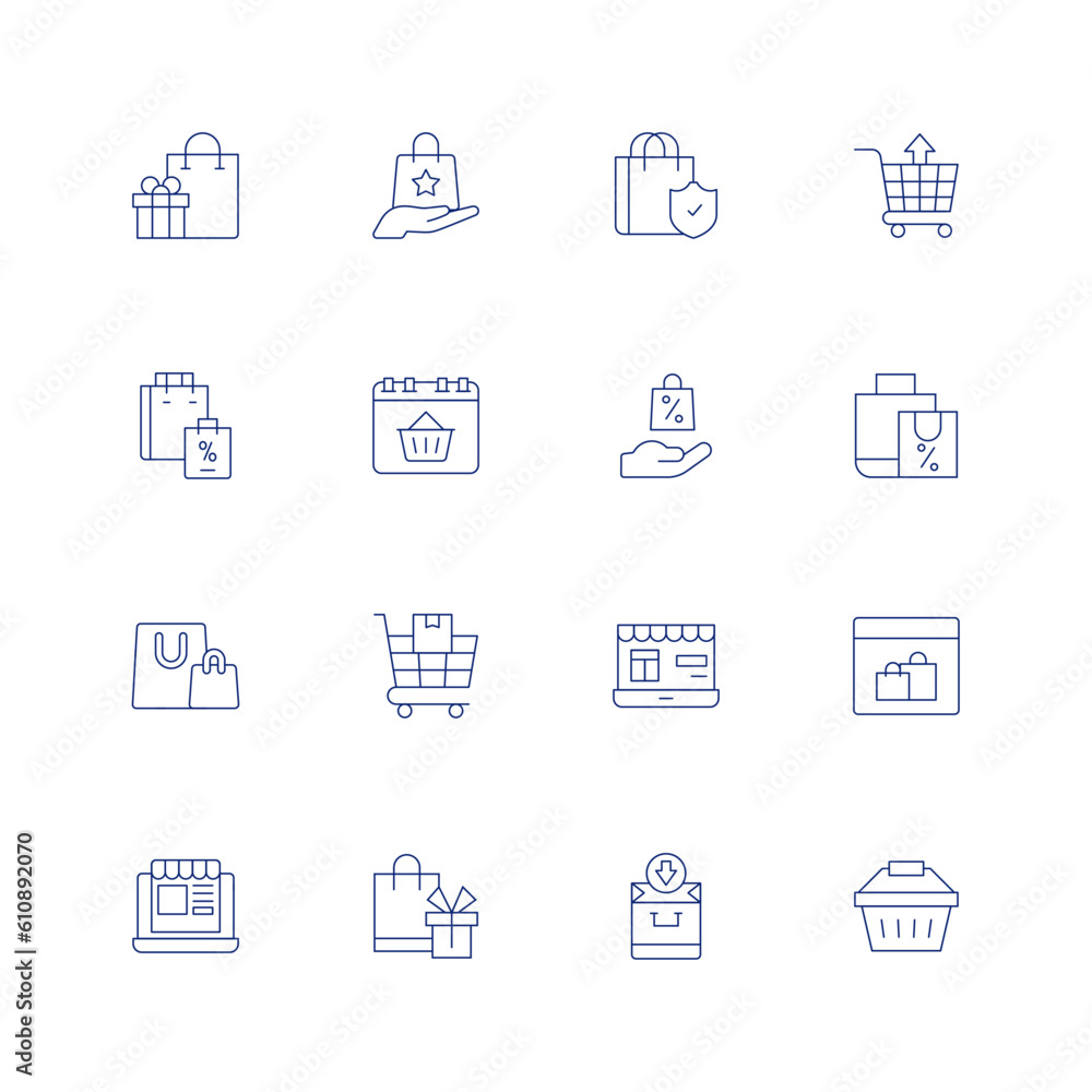 Shopping line icon set on transparent background with editable stroke. Containing shopping bag, shopping, shopping cart, shopping basket, shopping bags, shopping online.