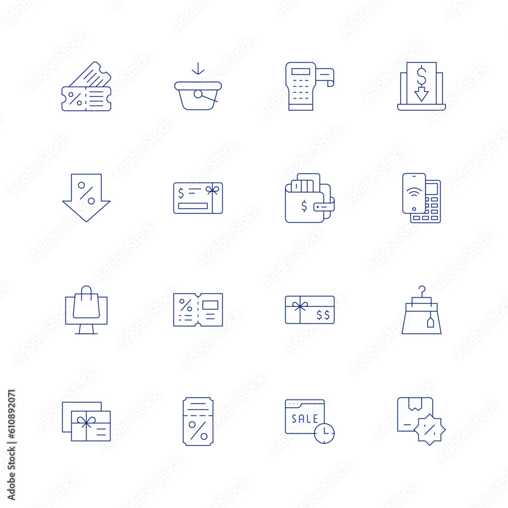 Shopping line icon set on transparent background with editable stroke. Containing coupon, add, labeling, low price, decrease, money, wallet, payment, online shop, voucher, gift card, skirt.