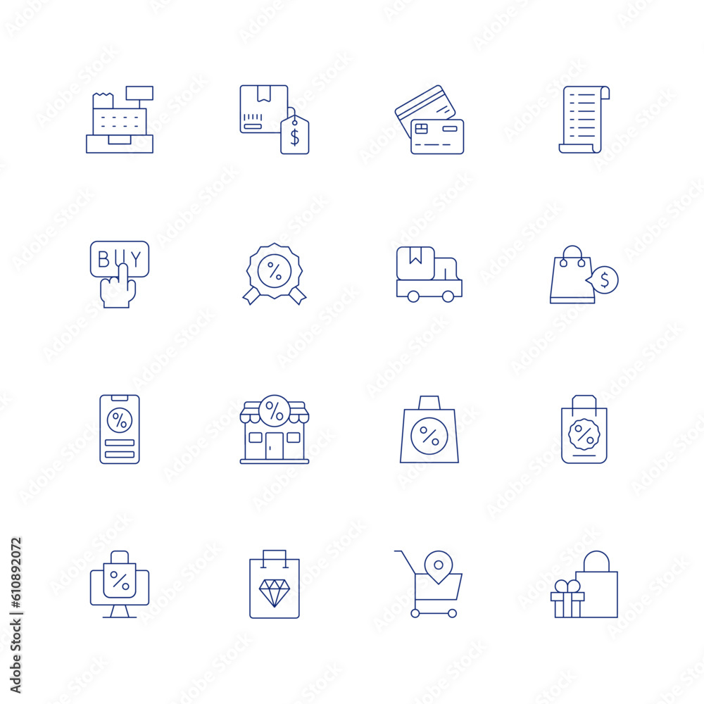 Shopping line icon set on transparent background with editable stroke. Containing cash machine, pricing, credit card, shopping list, buy, discount, standard, shopping, smartphone, shop, shopping bag.