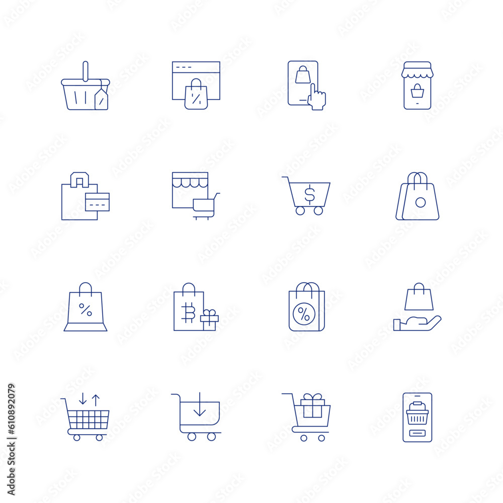 Shopping line icon set on transparent background with editable stroke. Containing shopping basket, online shopping, shopping bag, shopping cart, shopping trolley, mobile shopping.