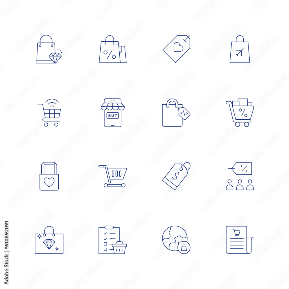 Shopping line icon set on transparent background with editable stroke. Containing shopping bag, tag, online shopping, online store, shopping cart, tote bag, price tag, group, jewelry, shopping list.