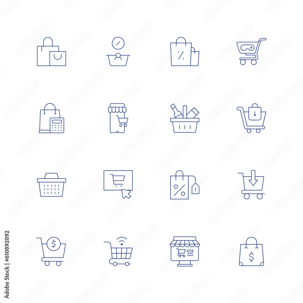 Shopping line icon set on transparent background with editable stroke. Containing shopping bag, shopping cart, online shopping, shopping basket, shopping online.