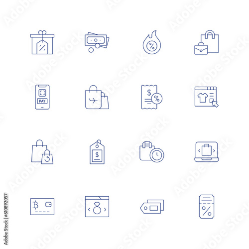 Shopping line icon set on transparent background with editable stroke. Containing discount, cash, hot deal, purse, cashless, duty free, ticket, online shop, guarantee, price tag, bag, laptop, card, la