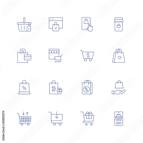 Shopping line icon set on transparent background with editable stroke. Containing shopping basket, online shopping, shopping bag, shopping cart, shopping trolley, mobile shopping.