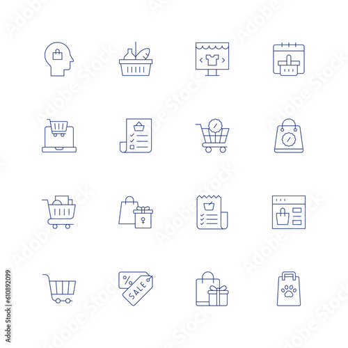 Shopping line icon set on transparent background with editable stroke. Containing shopping bag, shopping basket, online shopping, shopping cart, shopping list, coupon, shopping.