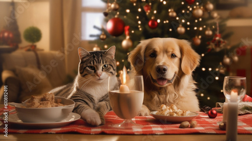 A cat and a dog celebrate Christmas together, friendship and love of pets, a cozy apartment, a house, a Christmas tree. dinner generative AI.
