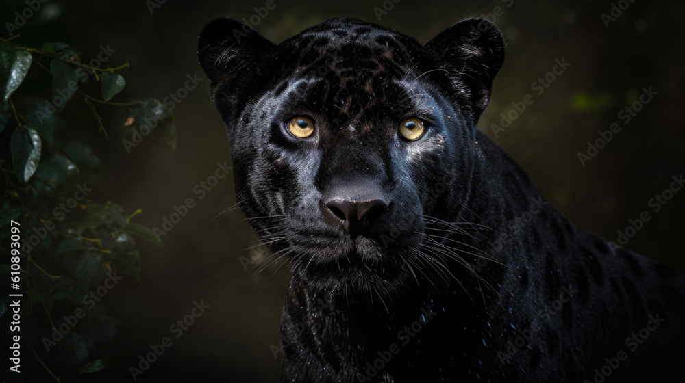 Black panther with bright yellow eyes looks in camera standing in wilderness. wild animal on dark background generative AI