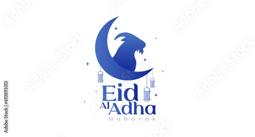 Simple Eid Al Adha Banner With Goat Silhouette on Crescent Moon and Lantern Illustration
