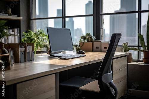 Wallpaper Mural modern office with wood and wood panels 3d render, in the style of soft-edged, minimalist monochromes Torontodigital.ca