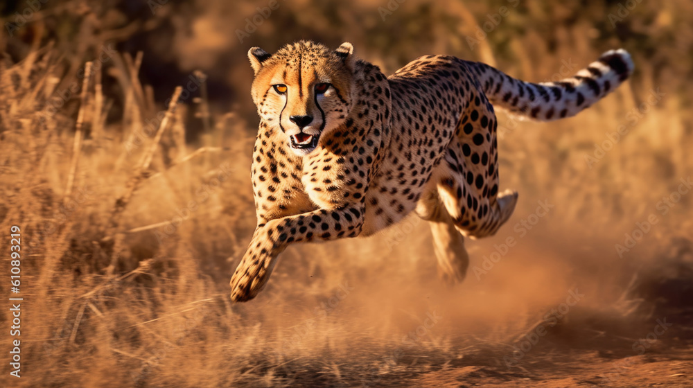 Fast cheetah with black dots runs in savanna valley on sunny day. Wild carnivore animal with open mouth in motion in wilderness generative AI
