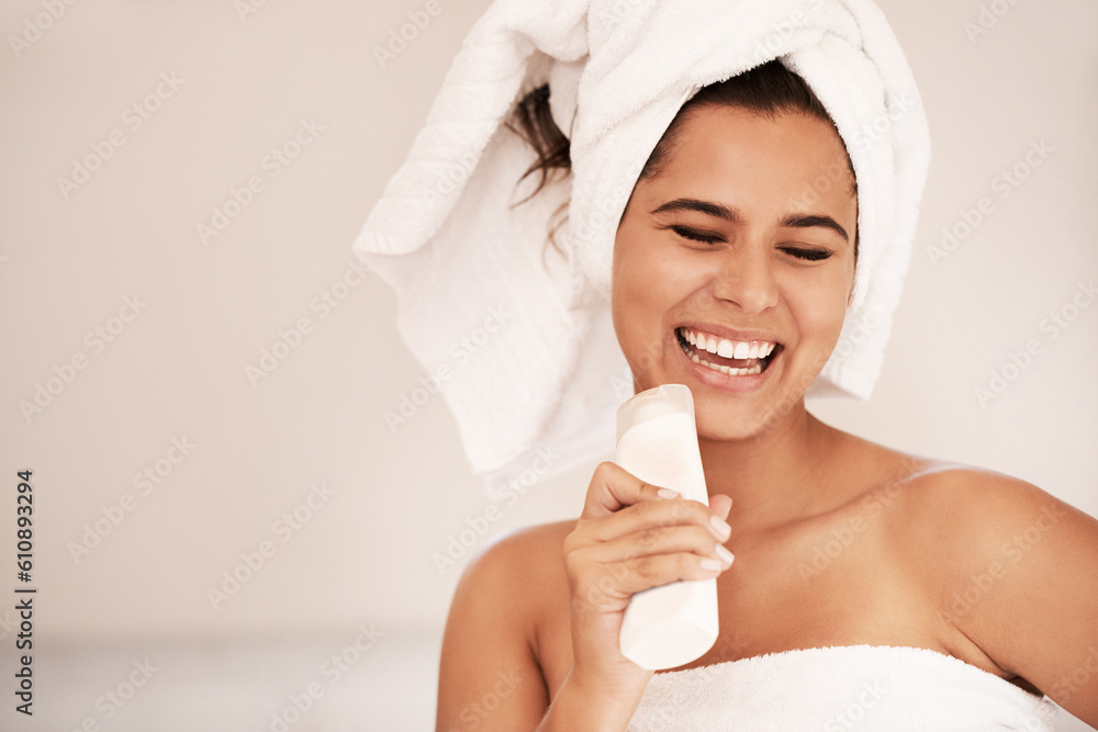 Beauty, lotion and woman singing, happy and doing morning routine, skincare process or face cosmetics treatment. Bathroom towel, skin hydration cream and person sing with facial product for wellness Beauty, lotion and woman singing, happy and doing morning routine, skincare process or face cosmetics treatment. Bathroom towel, skin hydration cream and person sing with facial product for wellness
