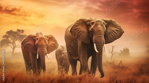 Herd of elephants with long trunks and fangs walking on trampled road. Giant animals graze in wild savanna generative AI