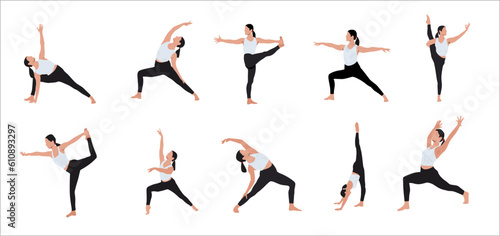 Set of young woman doing yoga exercise against the white background. Healthy and wellness lifestyle. Flat vector illustration