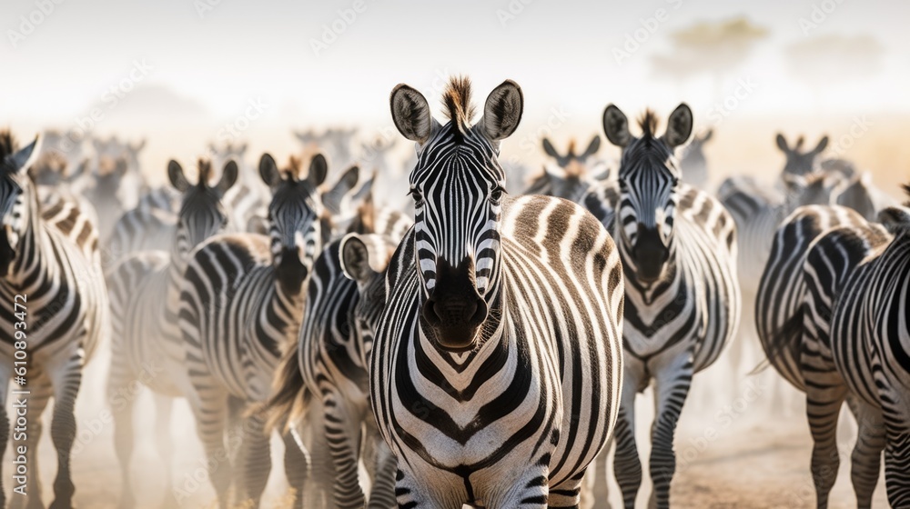 Fototapeta premium Herd of striped zebras standing in wild dusty desert at sunlight. Black and white animals look ahead grazing in savanna on sunny day generative AI