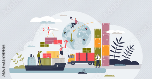 Supply chain management or SCM as logistics, warehouse inventory and sales planning tiny person concept. Global transportation network with export or import optimization system vector illustration.