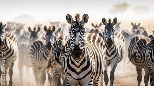 Herd of striped zebras standing in wild dusty desert at sunlight. Black and white animals look ahead grazing in savanna on sunny day generative AI