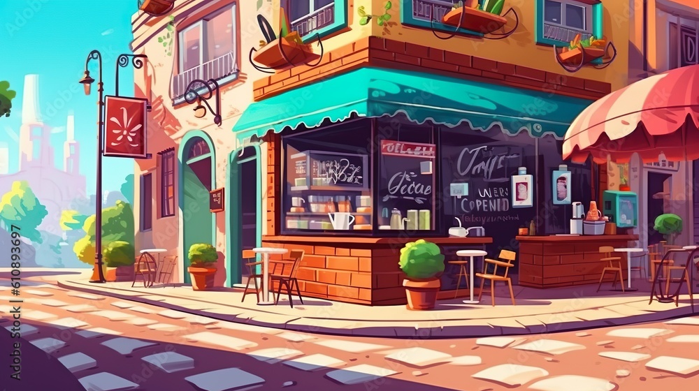 Background different shops. A visually appealing illustration of a street filled with different shops, featuring an abstract background and creative banner design. Generative AI. Background different shops. A visually appealing illustration of a street filled with different shops, featuring an abstract background and creative banner design. Generative AI.