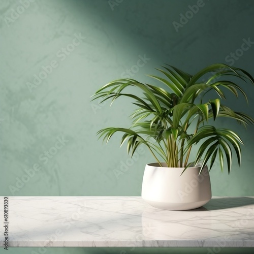 Minimal Modern White Marble Stone Counter Table with Tropical Vibes. Generative AI © Muhammad