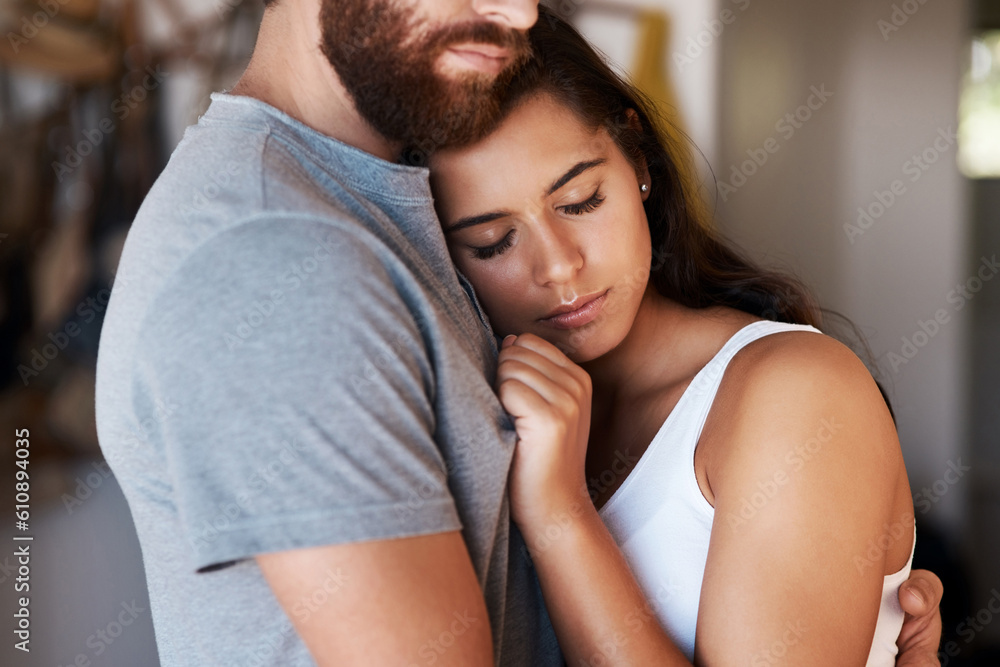 Love, woman and home couple hug for relationship security, safety support and empathy in living room. Intimacy, marriage bond and romantic people embrace with affection, care or relax in quality time Love, woman and home couple hug for relationship security, safety support and empathy in living room. Intimacy, marriage bond and romantic people embrace with affection, care or relax in quality time