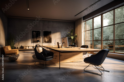 modern office with wood and wood panels 3d render, in the style of soft-edged, minimalist monochromes © Miracle