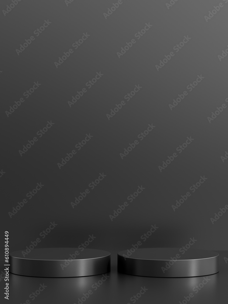 Simple blank luxury black metal background with product display platform. Empty studio with circle podium pedestal on a black backdrop. Simple blank luxury black metal background with product display platform. Empty studio with circle podium pedestal on a black backdrop.