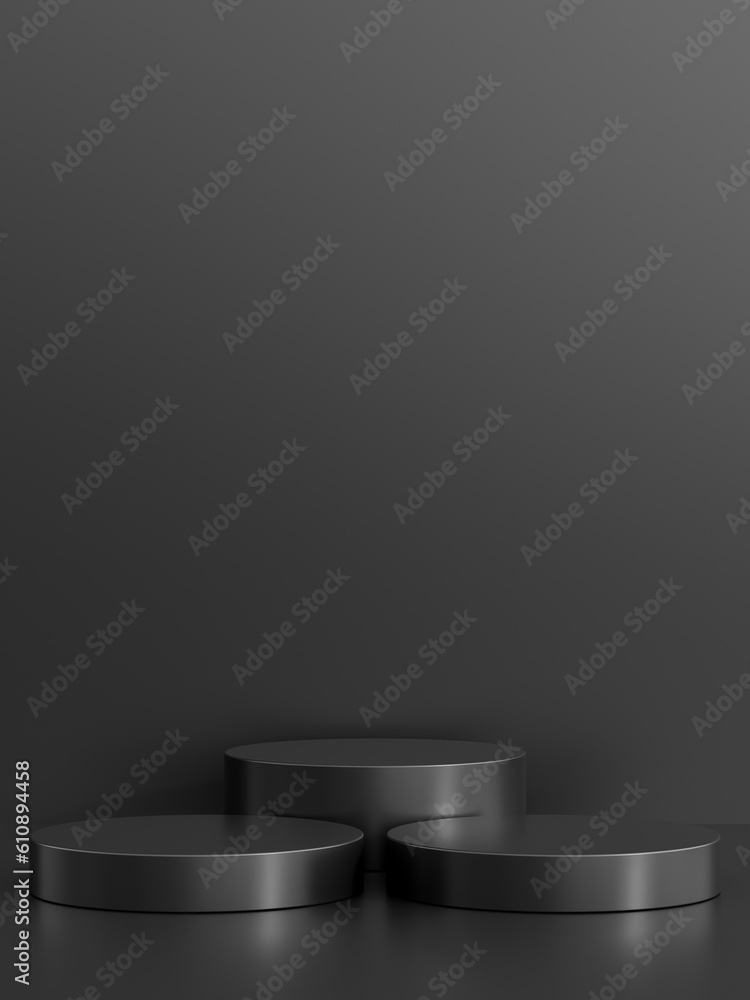 Simple blank luxury black metal background with product display platform. Empty studio with circle podium pedestal on a black backdrop. Simple blank luxury black metal background with product display platform. Empty studio with circle podium pedestal on a black backdrop.