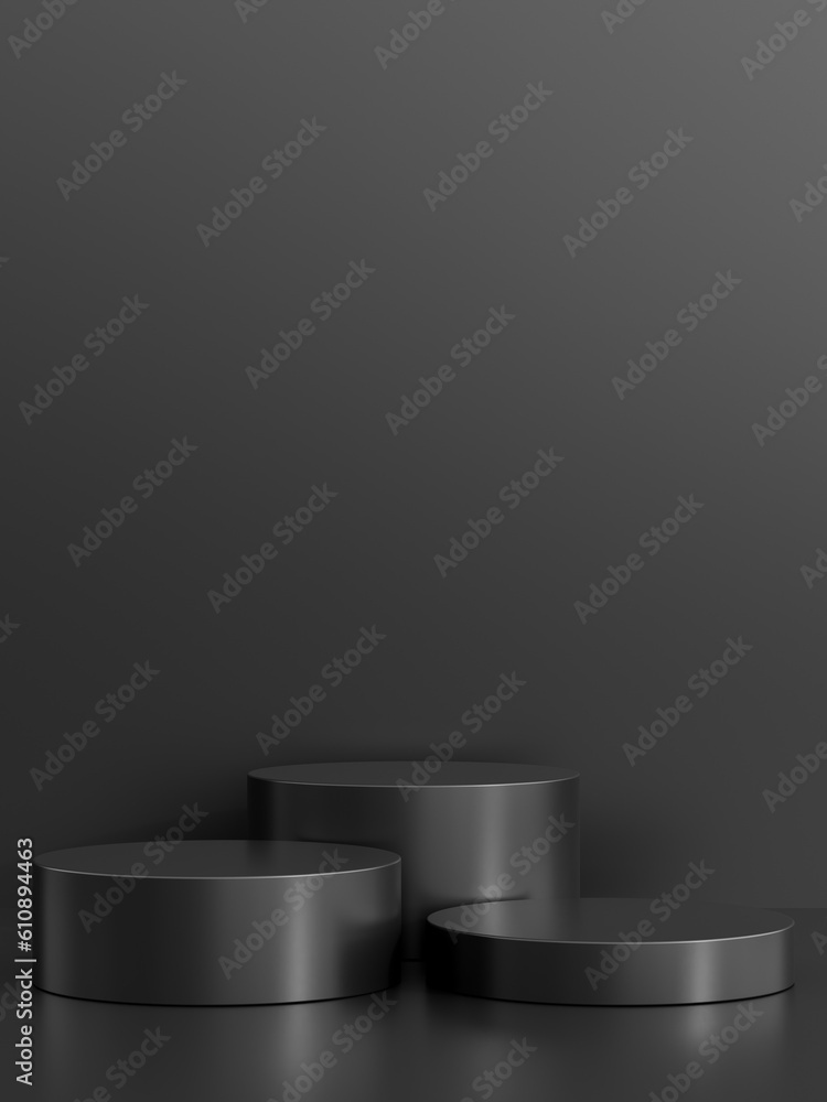 Simple blank luxury black metal background with product display platform. Empty studio with circle podium pedestal on a black backdrop. Simple blank luxury black metal background with product display platform. Empty studio with circle podium pedestal on a black backdrop.