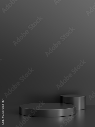 Simple blank luxury black metal background with product display platform. Empty studio with circle podium pedestal on a black backdrop.