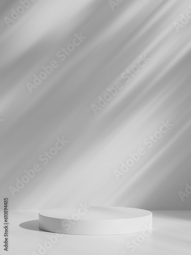 Simple white minimal background with product display platform. Empty studio with circle podium pedestal on a shadow backdrop.
