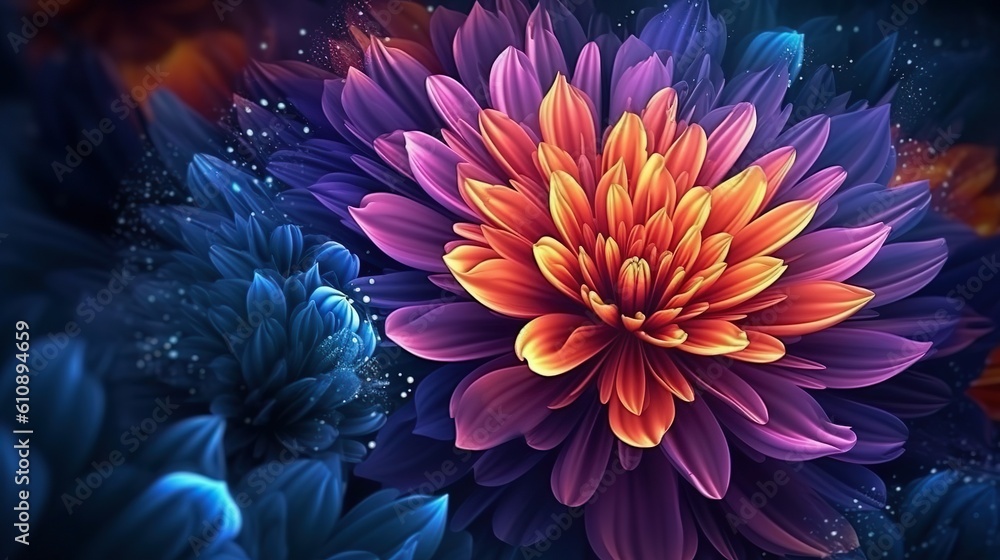Abstract background with dahlia flower with leaves in orange, purple and blue neon colors. Blossom in close up view, floral modern wallpaper. Horizontal illustration for banner design. Generative AI. Abstract background with dahlia flower with leaves in orange, purple and blue neon colors. Blossom in close up view, floral modern wallpaper. Horizontal illustration for banner design. Generative AI.