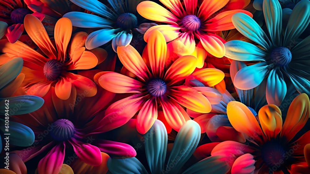 Abstract background with daisy bouquet in orange and blue neon colors. Colorful blooming flowers in close up view, floral modern wallpaper. Horizontal illustration for banner design. Generative AI.