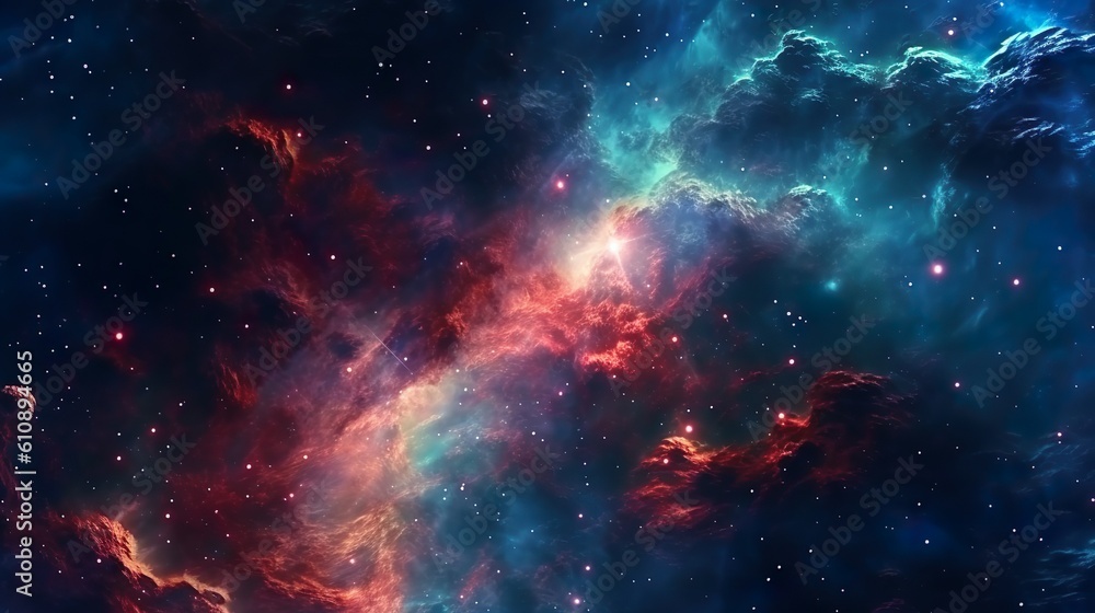 Abstract background with dark magic cosmos cloudy sky in different colors, shining stars and constellations. Galaxy space modern wallpaper. Horizontal illustration for banner design. Generative AI. Abstract background with dark magic cosmos cloudy sky in different colors, shining stars and constellations. Galaxy space modern wallpaper. Horizontal illustration for banner design. Generative AI.