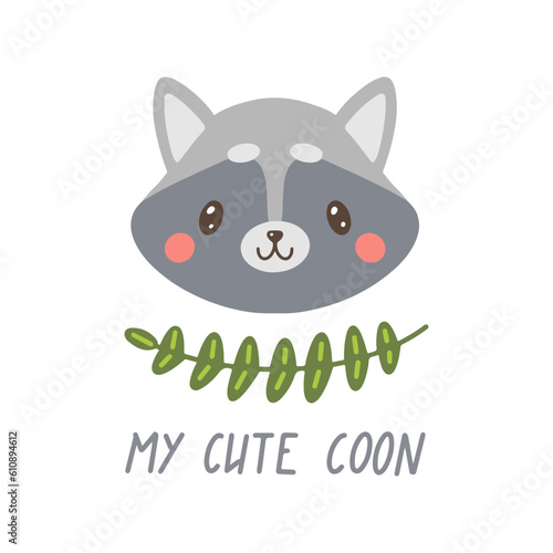 Cute Hand Drawn racoon. Print with grey racoon. Head With Flowers on a White Background. Nursery Art, kids design. Infantile Style. Cartoon Vector Illustration for Wall Art, Baby Card.