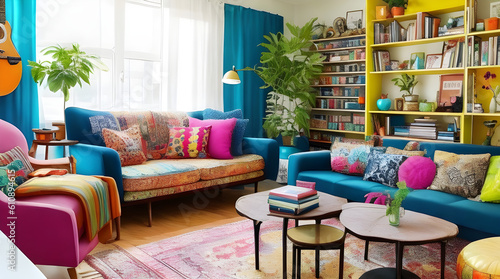 A vibrant and eclectic living room with a mix of modern and vintage furniture by Generative AI