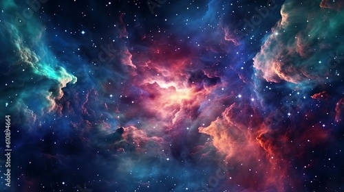 Abstract background with dark cosmos sky, shining stars and glow sparks, constellations in nebula clouds. Galaxy space modern wallpaper. Horizontal illustration for banner design. Generative AI.
