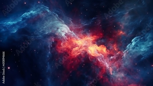 Abstract background with dark cosmos sky with explosion flash  shining stars and constellations in clouds. Galaxy space modern wallpaper. Horizontal illustration for banner design. Generative AI.