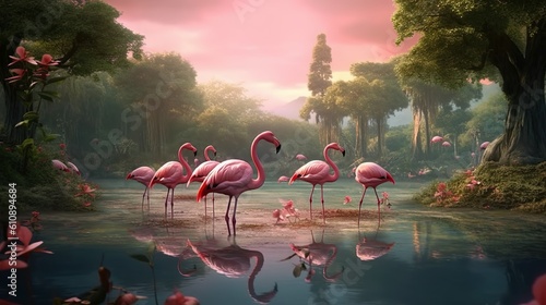 Abstract background with flamingos groups standing in lake. Birds with pink plumage in garden with green trees and flowers modern wallpaper. Horizontal illustration for banner design. Generative AI.