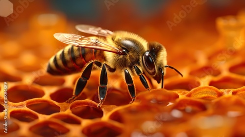 Abstract background with bee in beehive in golden colors in close up view. Honeybee works and builds cells. Beekeeping modern wallpaper. Horizontal illustration for banner design. Generative AI. © NeuralStudio