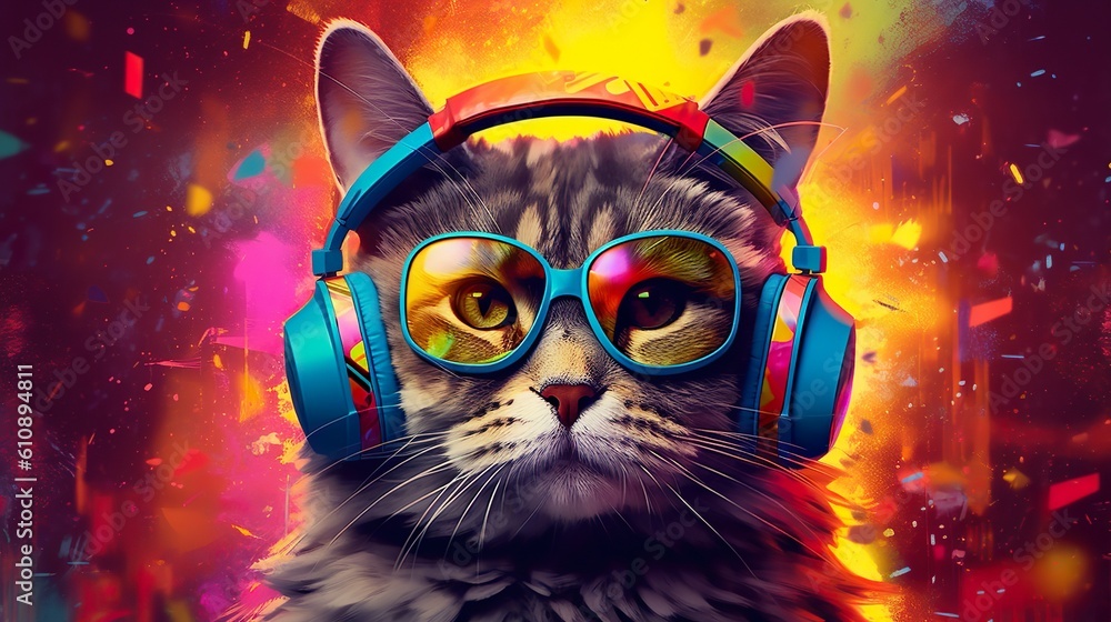 Abstract background with funny cat in headphones and sunglasses. Cute pet listening music. Animal portrait at colorful splashes backdrop. Horizontal illustration for banner design. Generative AI.