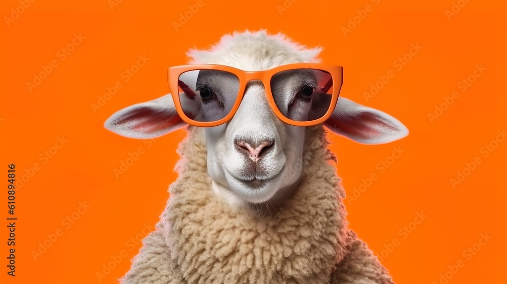 Abstract background with funny sheep in sunglasses at bright orange backdrop. Happy pet in stylish eyeglass in close up view. Animal portrait. Horizontal illustration for banner design. Generative AI.