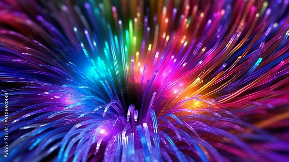 Abstract background with optical fiber texture in rainbow colors. wires With lights in ends. Internet and communication lines wallpaper. Horizontal illustration for banner design. Generative AI. Abstract background with optical fiber texture in rainbow colors. wires With lights in ends. Internet and communication lines wallpaper. Horizontal illustration for banner design. Generative AI.